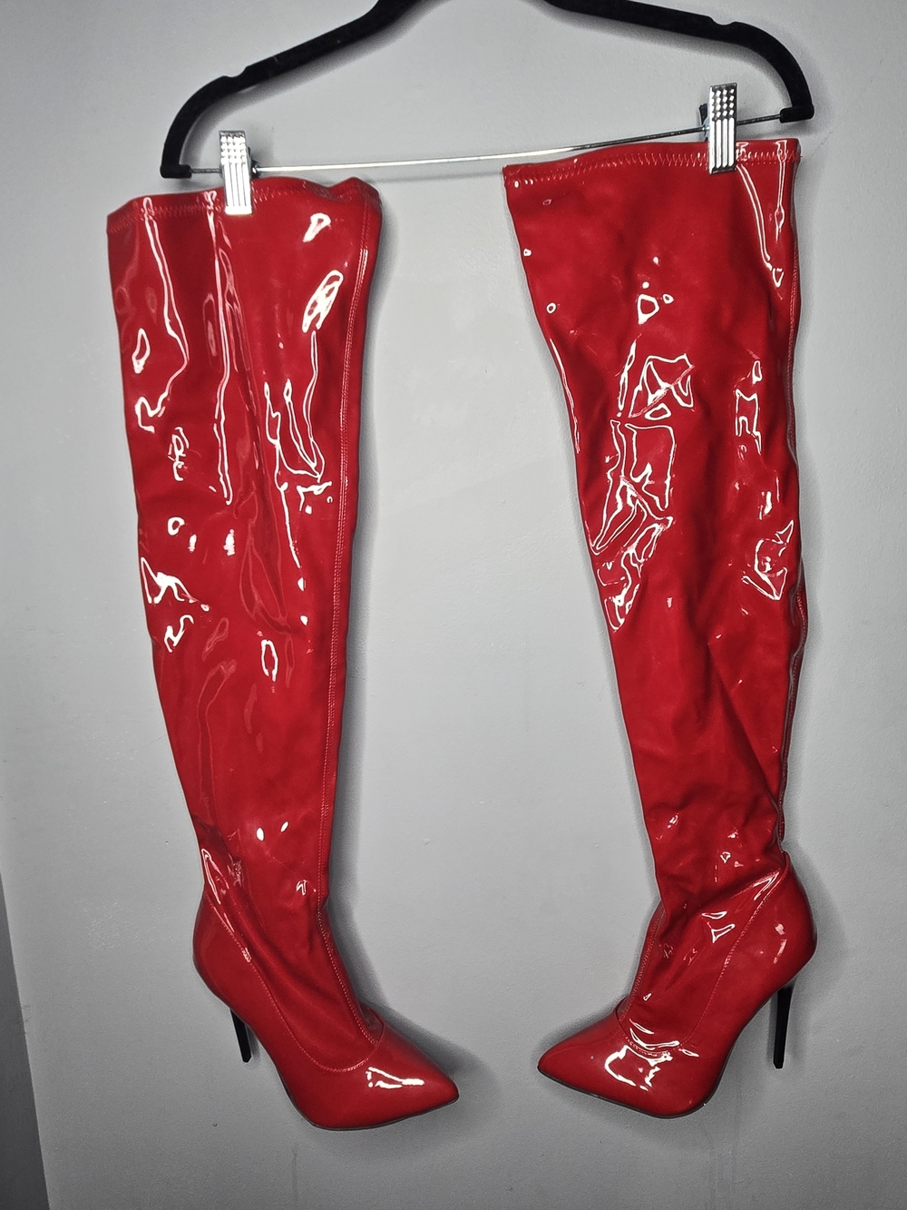Red Patent Leather Thigh High Boots Stiletto Heel Size 8 Sexy Clubwear OTK Gloss